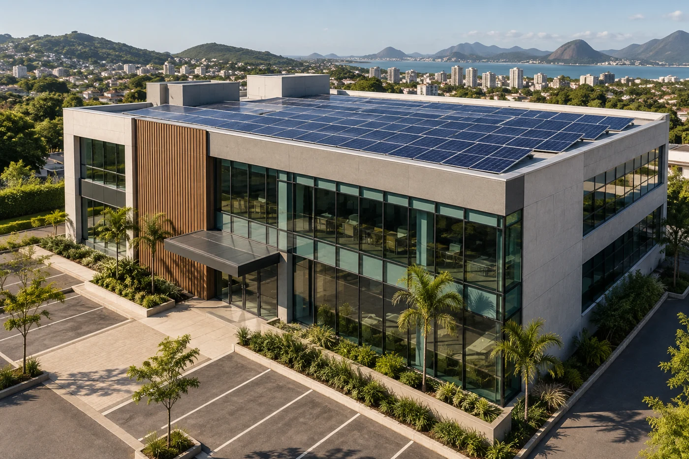 Referência ilustrativa de edifício comercial com instalação fotovoltaica