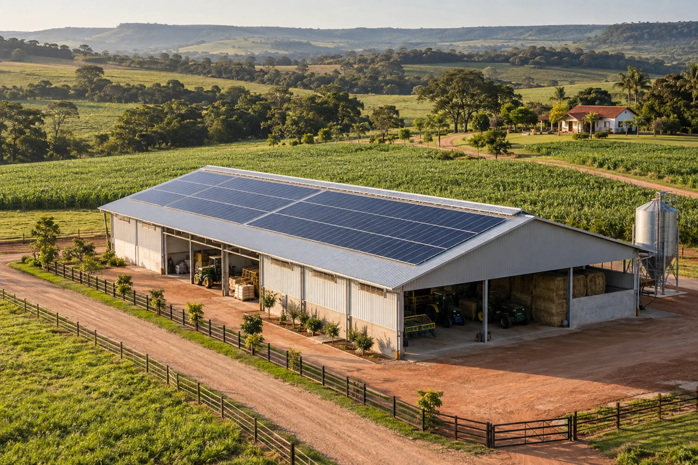 Referência ilustrativa de galpão rural com painéis solares